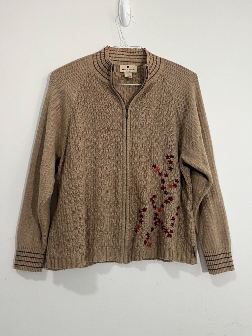 Vtg Woolrich Embroidered Full Zip Cardigan Sweater Khaki Womens XL p Cottagecore